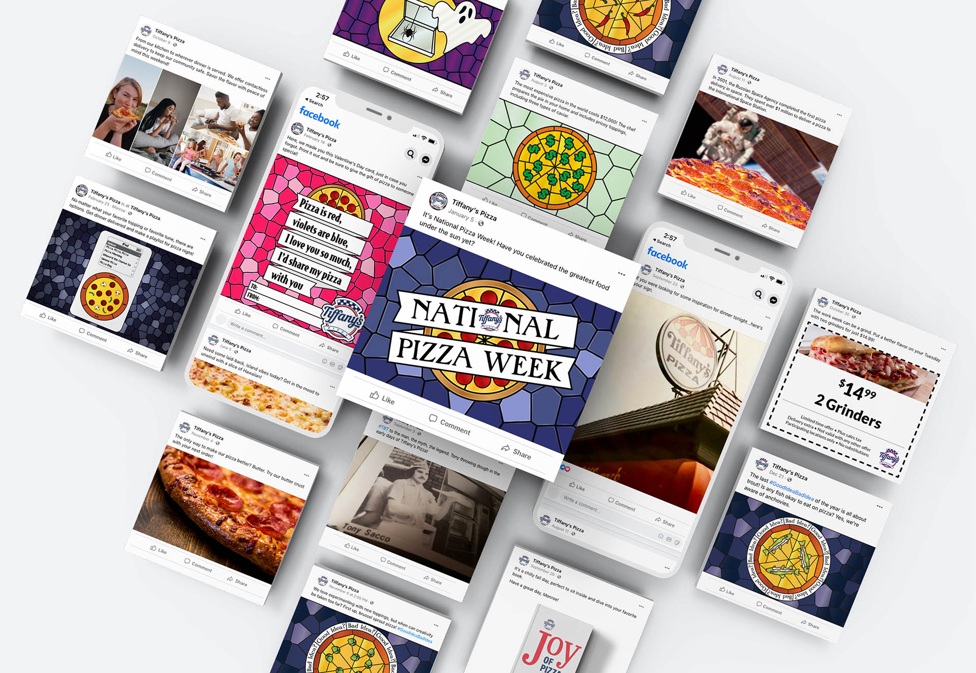 A collage of organic social media ads for Tiffany's pizza.