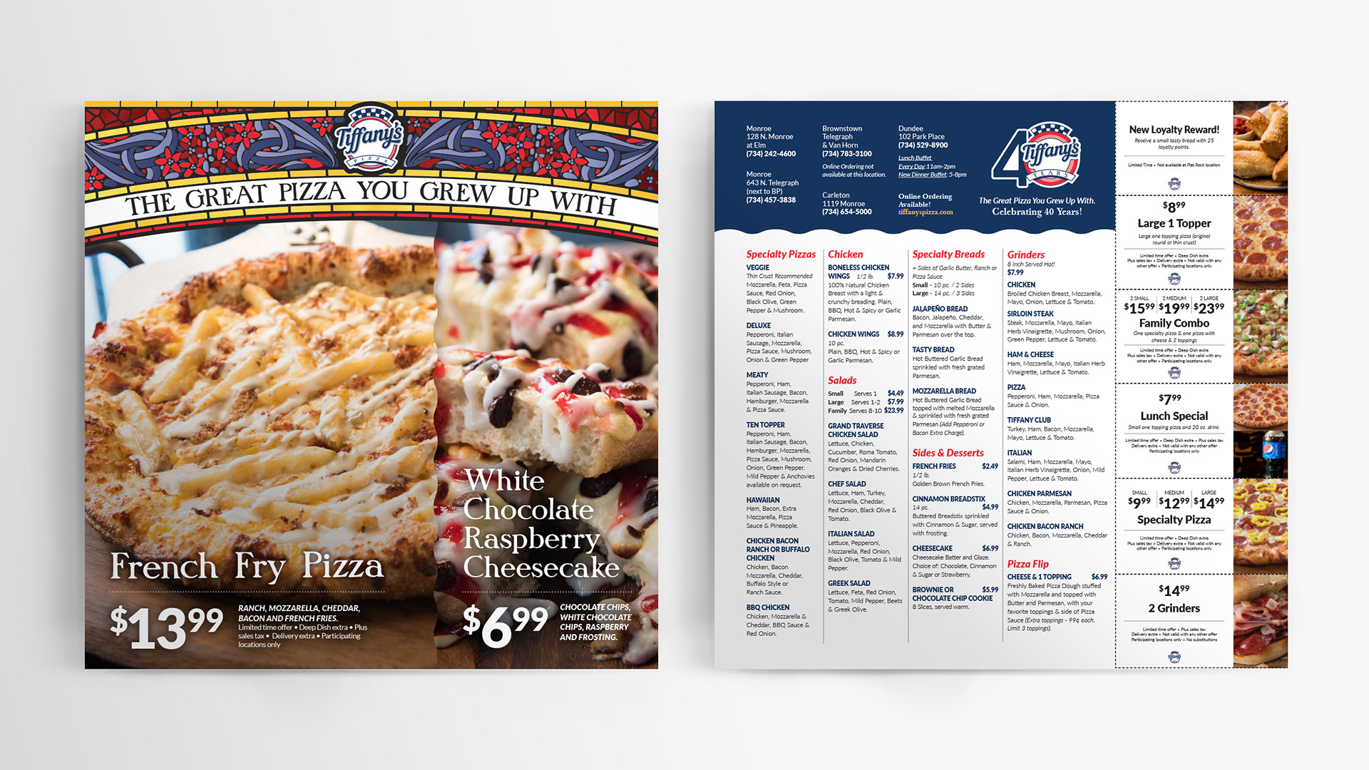 Billboard advertisting 'The Great Pizza You Grew Up With' and 'Order Online at TiffanysPizza.com' with Tiffany's characteristic stained glass design.